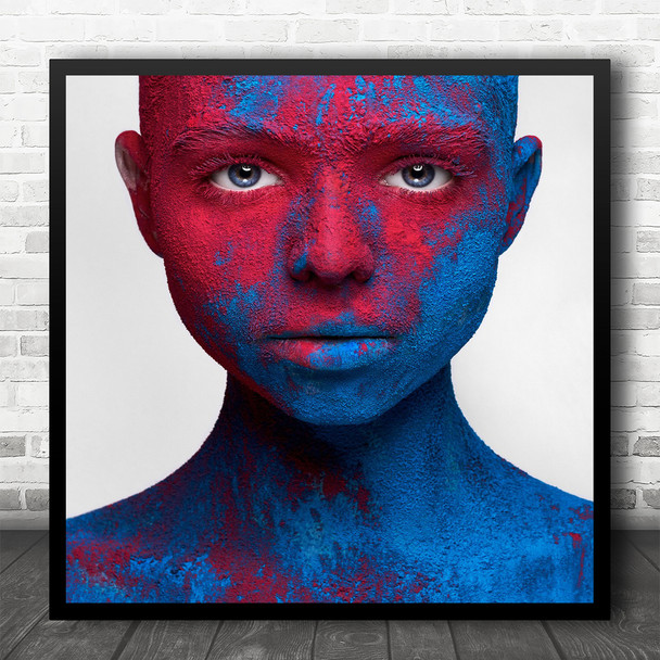 Portrait Face Eyes Intense Gaze Blue Red Colour Colours Colourful Square Wall Art Print