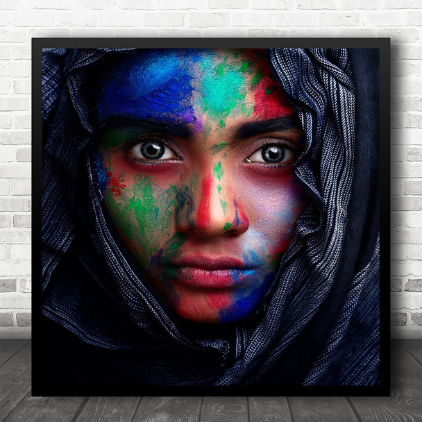 Portrait Face Eyes Intense Expression Veil Colour Painted Paint Square Wall Art Print