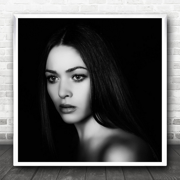 Portrait Half Body Black And White Face Beauty Model Woman Eyes Square Wall Art Print