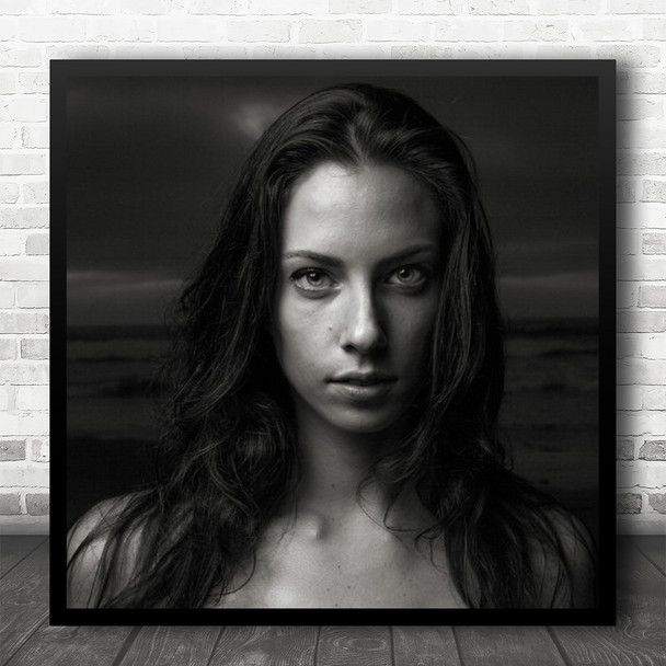 Attractive Model Woman Black And White Long Hair Close Up Pose Square Wall Art Print