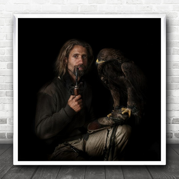 Portrait Pipe Eagle Pet Animal Man Explorer Adventurer Person Square Wall Art Print