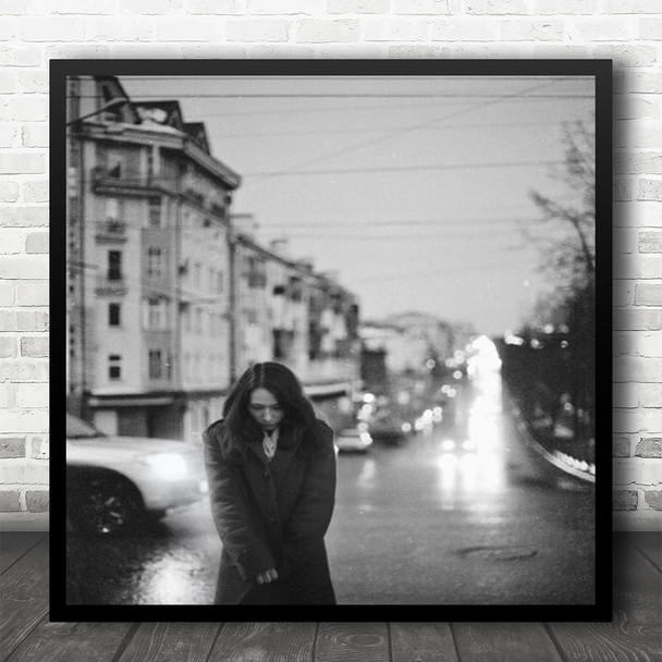 Portrait Woman Half Body Black And White Cars Building Light Square Wall Art Print