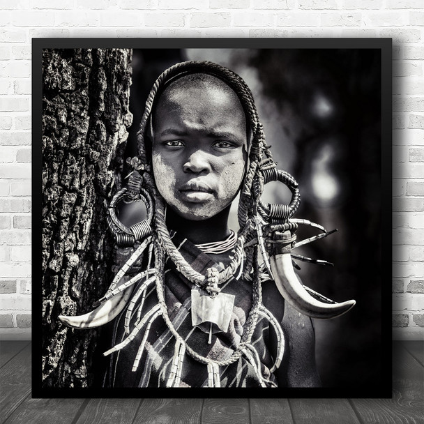 People Portrait Africa Ethnic Boy Child Children Black White Square Wall Art Print