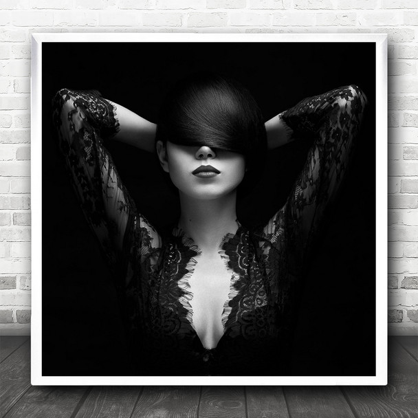 Portrait Lace Face Model Fashion Hair Cover Covered Attitude Square Wall Art Print