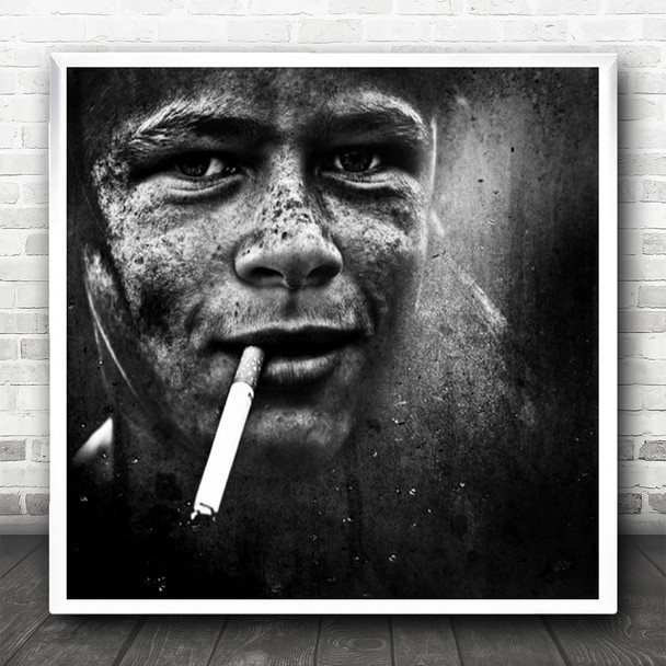 Portrait Cigarette Smoke Smoking Face Soldier Young Army Man Square Wall Art Print