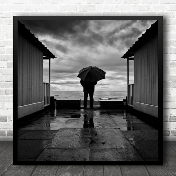 Umbrella Water Waves Man Person House Roof Clouds Rain Rainy Square Wall Art Print