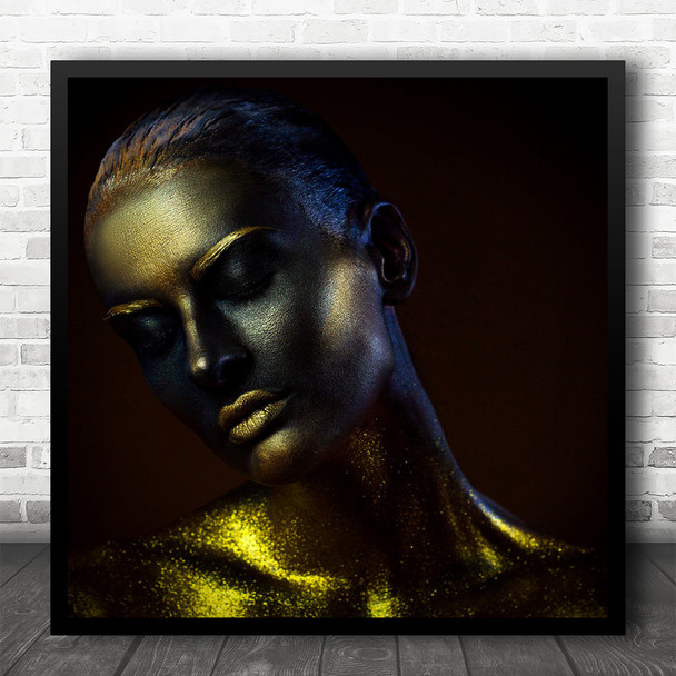 Gold Face Portrait Golden Closed Eyes Painted Painting Body Square Wall Art Print