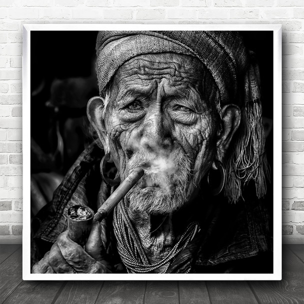 Portrait Documentary Pipe Smoke Smoker Smoking Old Man Face Square Wall Art Print