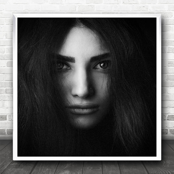 Face Hair Woman Portrait Model Eyes Dark Low-Key Untitled Square Wall Art Print