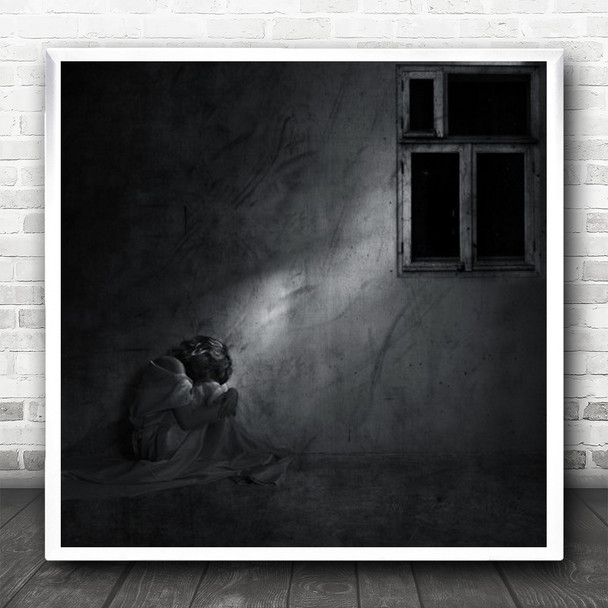 Abstract Woman Black And White Window Wall Light Mood Sad Square Wall Art Print