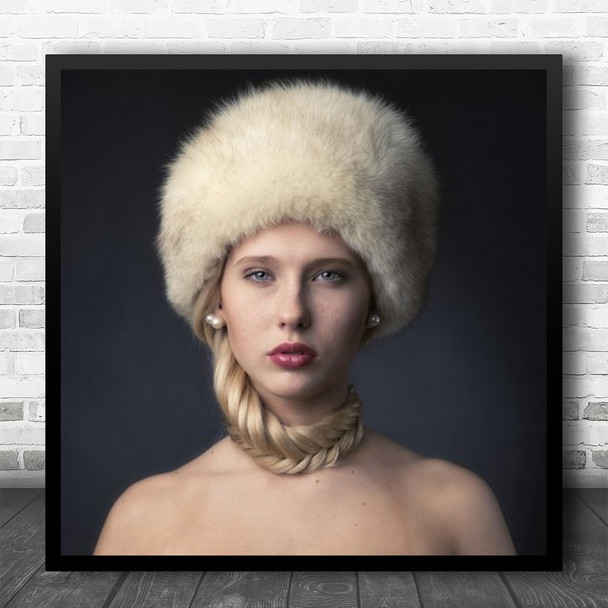 Portrait Hat Fur Hair Necklace Mood Emotion Feeling Face Square Wall Art Print