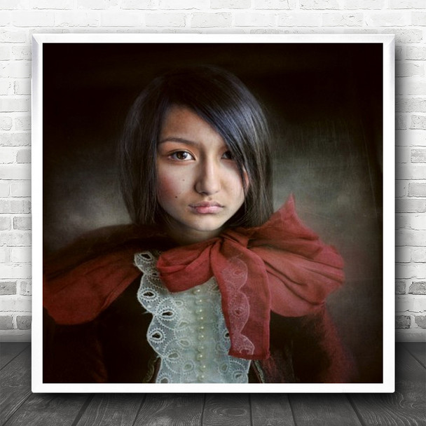 Old Fashioned Clothes Red Bow Asian Woman Staring Square Wall Art Print