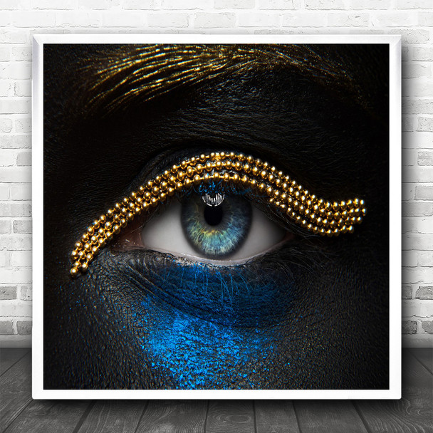 Eye Gold Golden Eyelash Eyelashes Make Up Makeup Make-Up Blue Square Wall Art Print