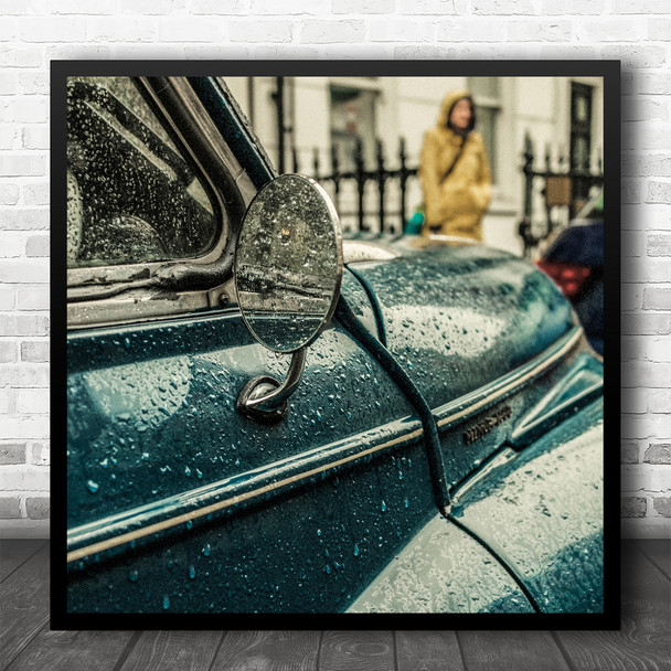 London Vintage Retro Classic Car Mirror Rear view Rain Rainy Square Wall Art Print