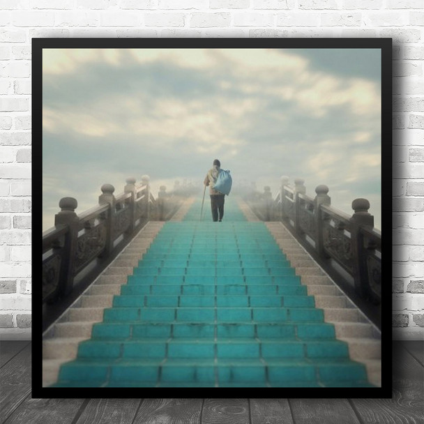 Conceptual Stairs Walking Person Man Stairway Staircase Cane Square Wall Art Print