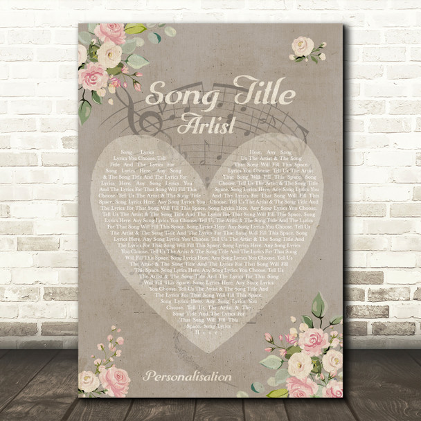 Shabby Chic Floral Heart Grey Any Song Lyric Personalised Music Wall Art Print