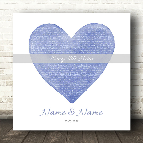 Square Blue Watercolour Heart Any Song Lyric Personalised Music Wall Art Print