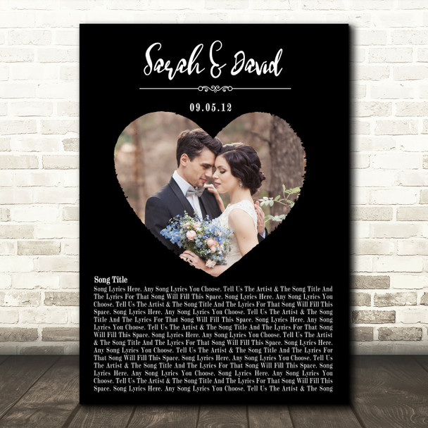 Heart Wedding Photo Black Names Date Bottom Script Any Song Lyric Wall Art Print