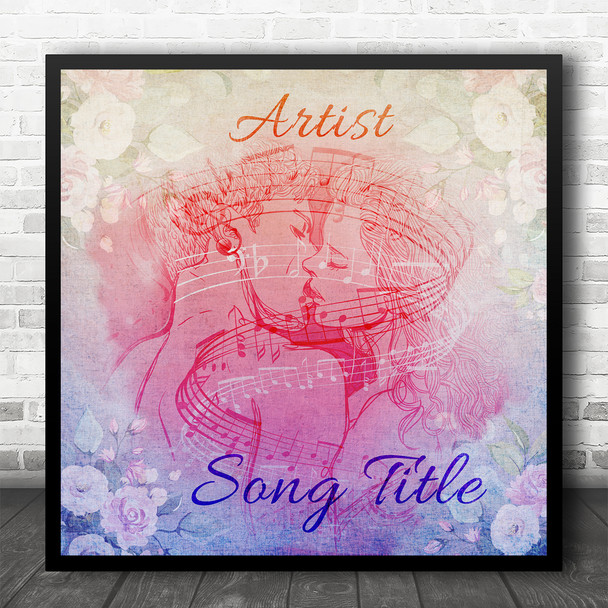 Kissing Couple Blue Pink Floral Square Any Song Personalised Music Song Lyric Art Print