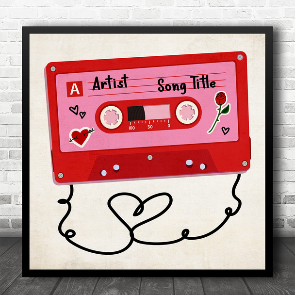 Red Pink Cassette Tape Square Any Song Personalised Square Music Song Lyric Wall Art Print