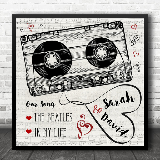 Square Music Script Cassette Tape Our Any Song Personalised Music Lyric Wall Art Print