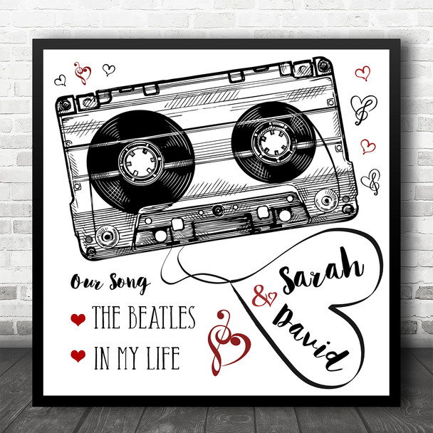Black White Red Cassette Tape Square Any Song Personalised Music Lyric Wall Art Print