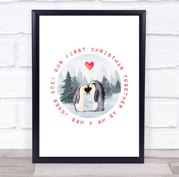 Personalised Mr Mrs Penguin First Christmas Event Sign Print