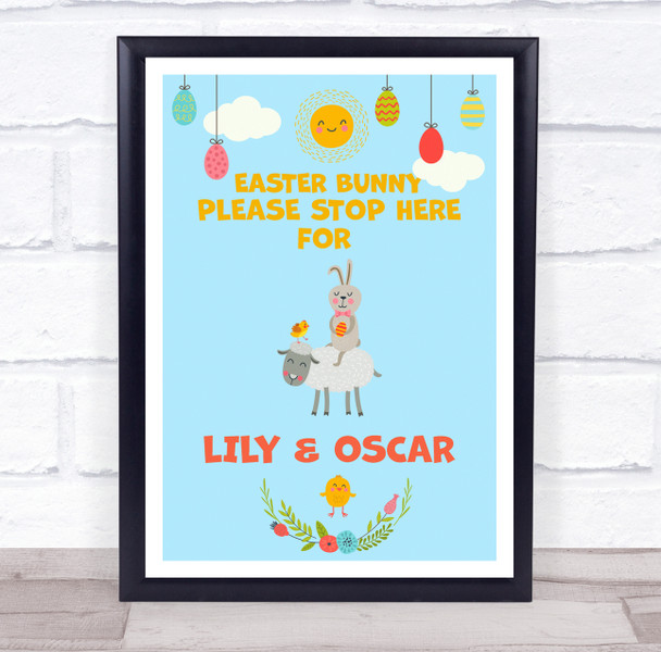 Personalised Easter Bunny On Sheep Please Stop Here Light Blue Event Sign Print