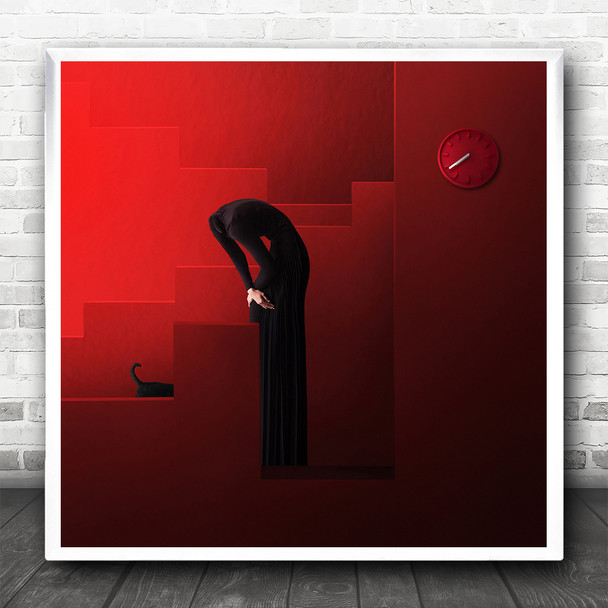 Red Concept Blocks Black Figure Black Cat Red Clock Square Wall Art Print