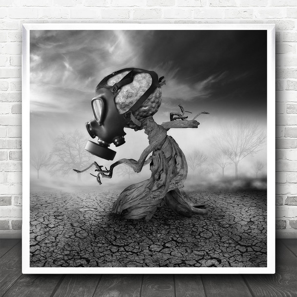 Black And White Concept Withered Tree Gas Mask Square Wall Art Print