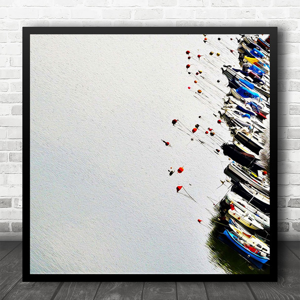 Boating Dock Colourful Lake Small Boats Square Wall Art Print