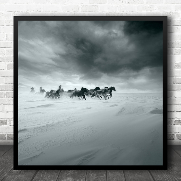 Horses Winter Snow Animals People Riding Action Square Wall Art Print