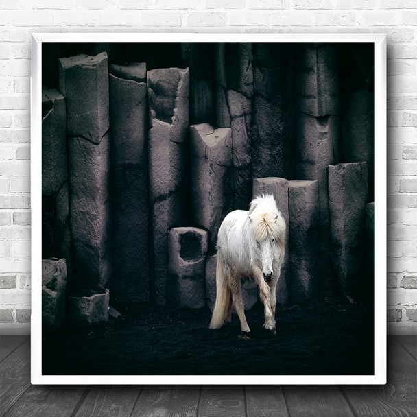 Horse White Animal Icelandic Rock Formation Square Wall Art Print
