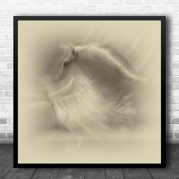 Minimal Soft Blur Horses White Running Square Wall Art Print