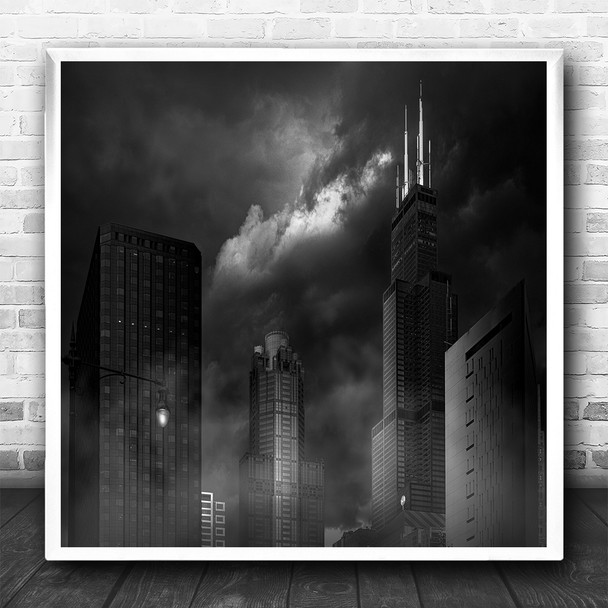 Cityscape Skyline Highrise Architecture Storm Foggy Black White Square Art Print