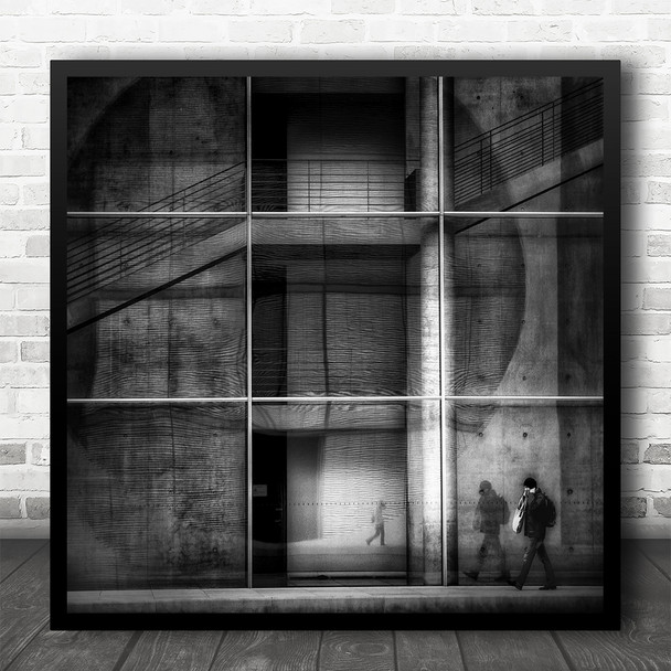 Architecture Grid Concrete Berlin Germany B&W Lines Stairs Square Wall Art Print