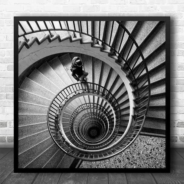 Spiral Staircase Solitude Movement Perspective Swirl Twirl B&W Square Art Print