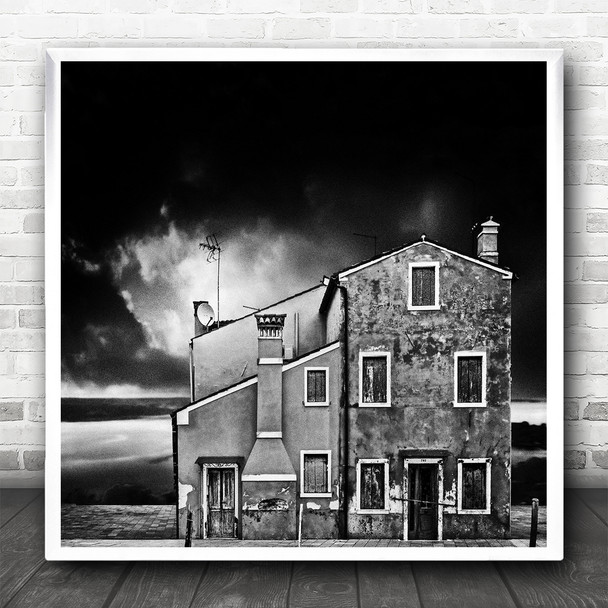 House Landscape Mood B&W Black White Sky Dark At The Lake Square Wall Art Print