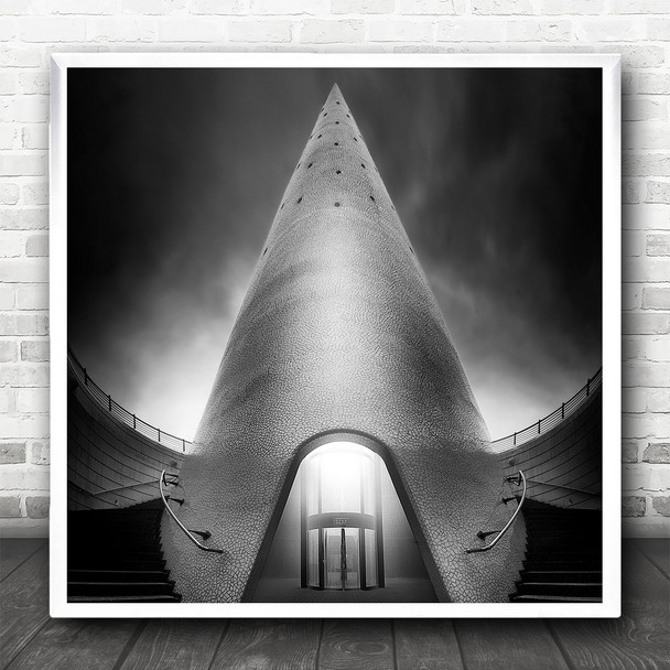 Black And White Abstract Triangle Staircase Building Square Wall Art Print