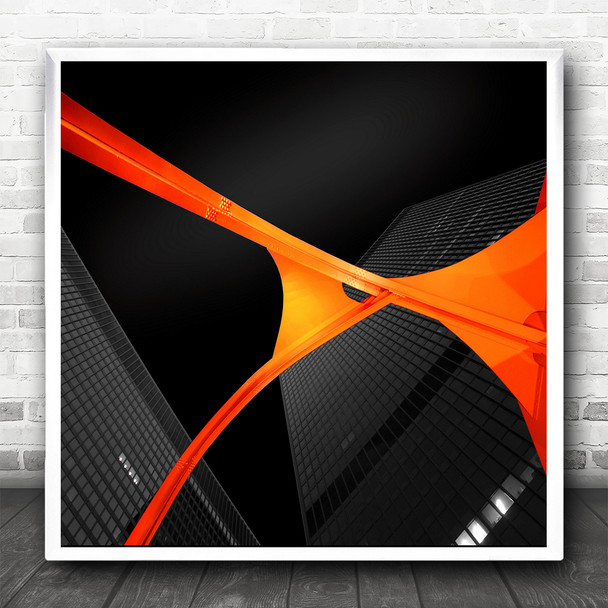 Orange Abstract Flamingo Sculpture Black Building Square Wall Art Print