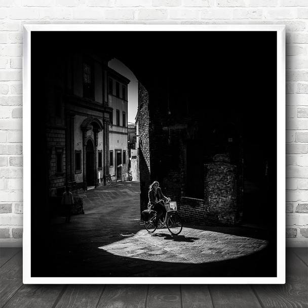 Riding Bike Isolated Street View Black And White Square Wall Art Print