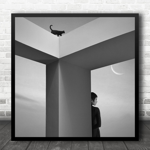 Abstract Shapes Moon Cat Geometric Architecture Square Wall Art Print