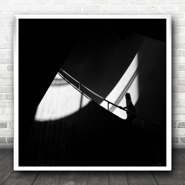 Black And White Shadow Woman Walking Staircase Square Wall Art Print