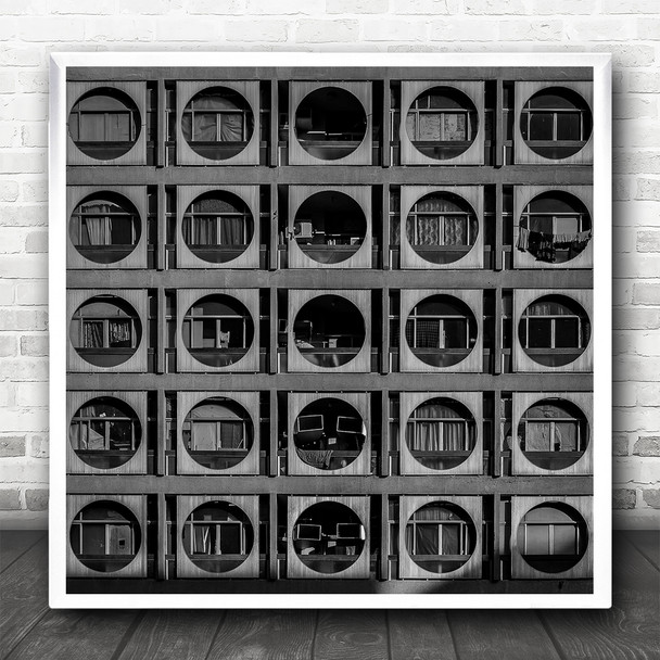 Black And White Shadows Circles Block Of Flats Square Wall Art Print
