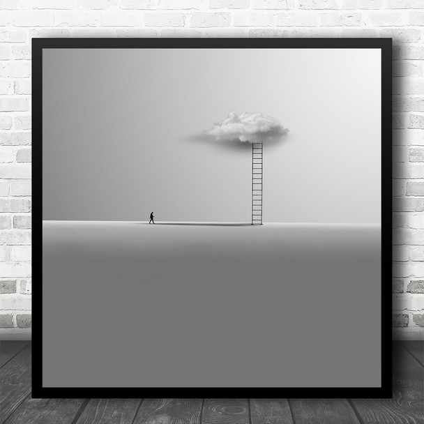 Cloud Sky Ladder Black And White Small Figure Square Wall Art Print