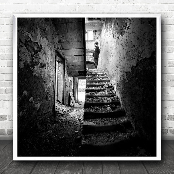 Man Ruins Stairs Home House Decay Broken B&W Square Wall Art Print
