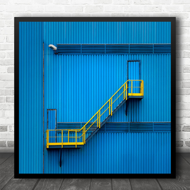 Exit Doors Stairs Yellow Rails Blue Square Wall Art Print