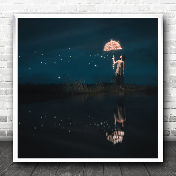 Conceptual Mood Night Shooting Star Stars Starfall Umbrella Square Art Print