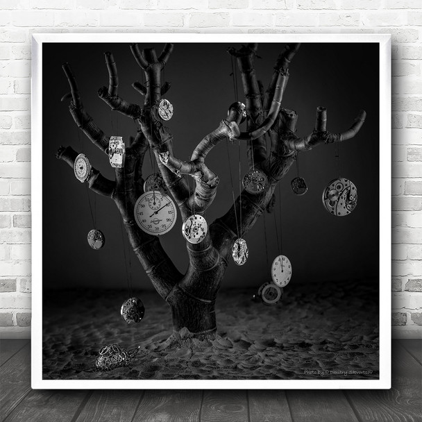 Time Clock Life Black Tree Still Life Conceptual Square Wall Art Print