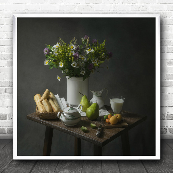 Breakfast Milk Flowers Bouquet Kitchen Summer Flower Fruit Pear Square Art Print